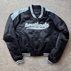 Y2K Southpole Jacket Womens Medium Black Satin Bomber Full Zip Embroidered
